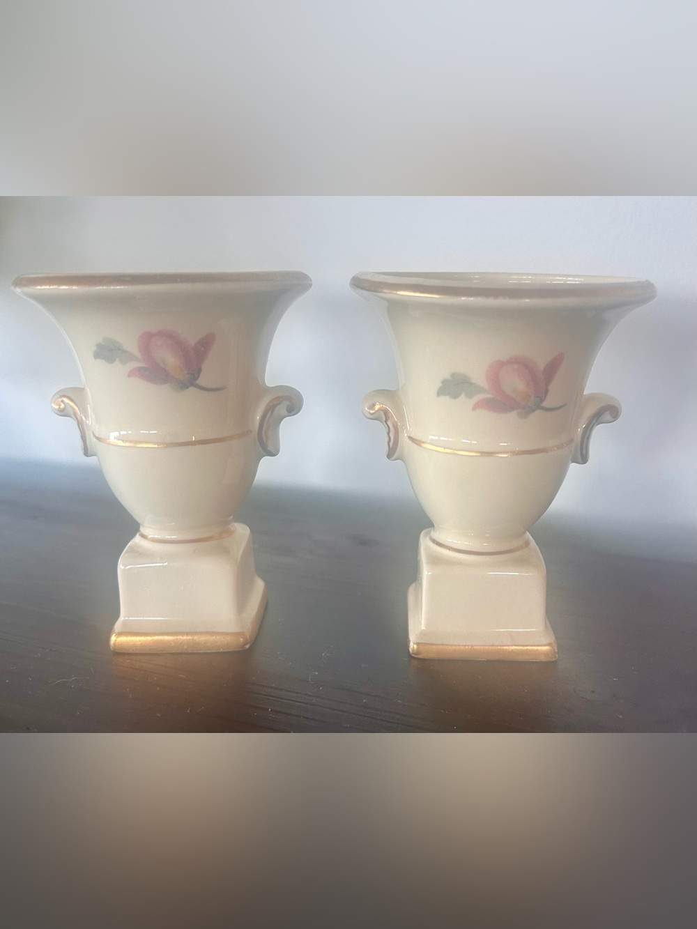Vintage Cream Ceramic Small Urn Vases Pair Gold Trim Floral
